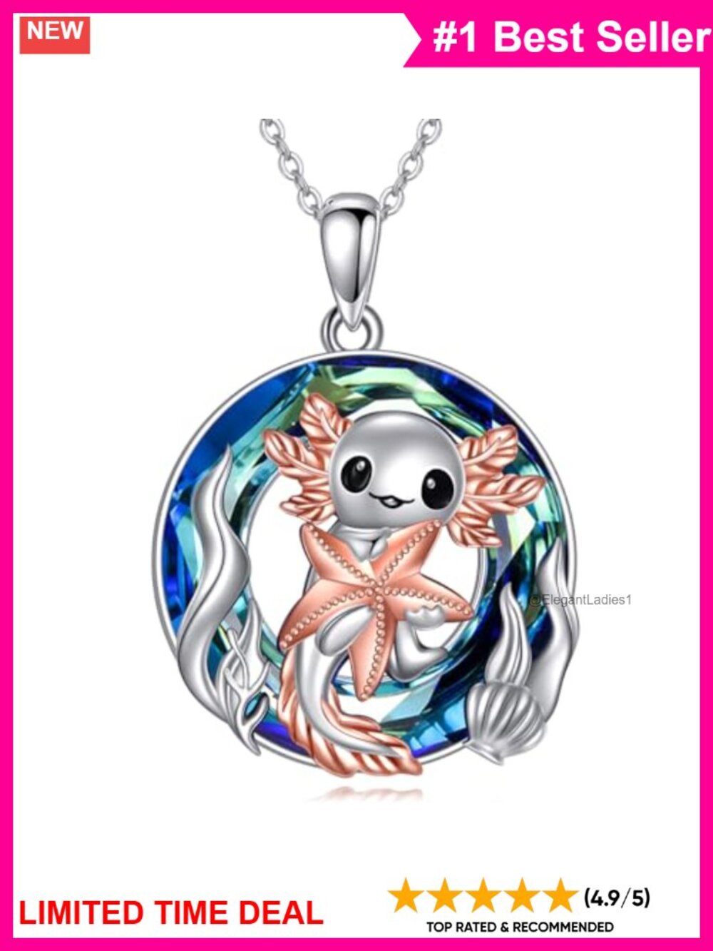 Sterling Silver Axolotl Crystal Pendant Necklace Animal Jewelry Gift for Women